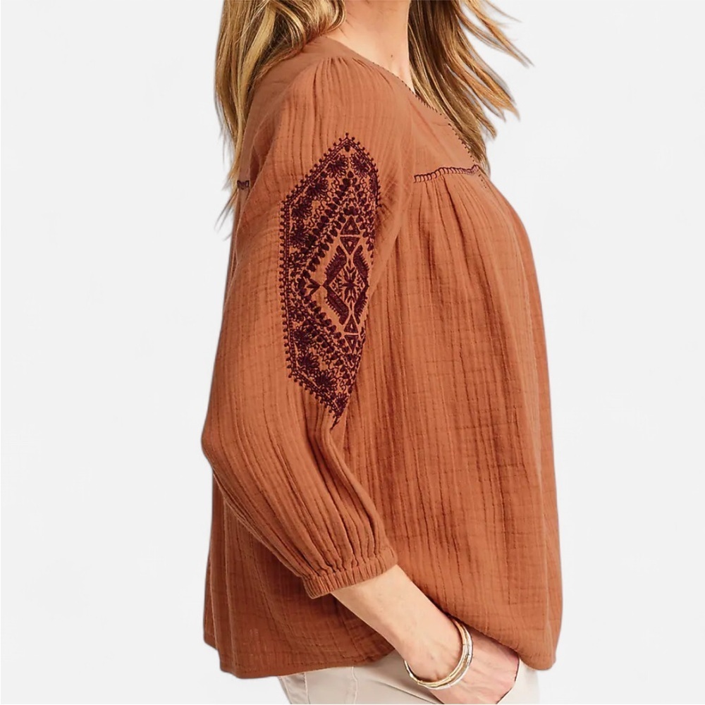 J. Jill Terracotta Cotton Gauze Blouse with Embroidered Sleeves - Picture 2 of 9